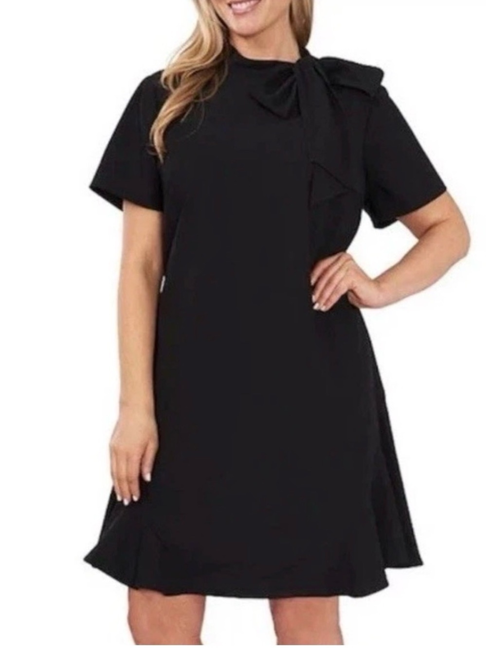 CeCe Mini Dress Women's Size 16W Black Tie-Neck Short Sleeve NWT
